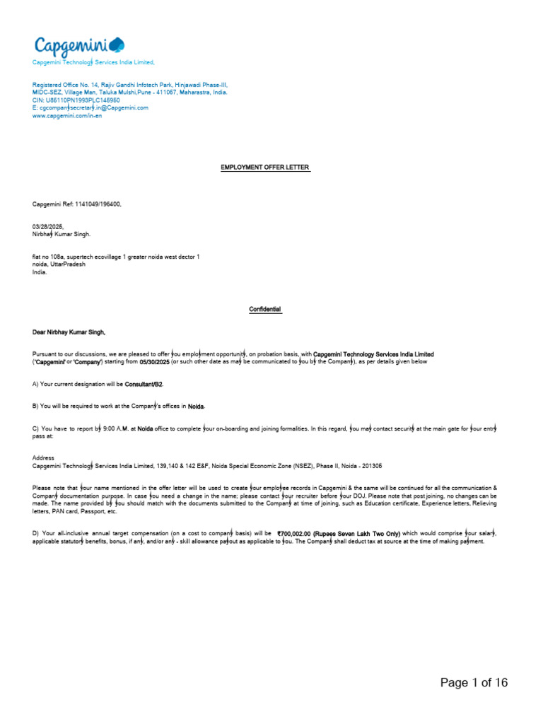 Capgemini Employment Offer Letter | PDF | Payroll | Intellectual Property