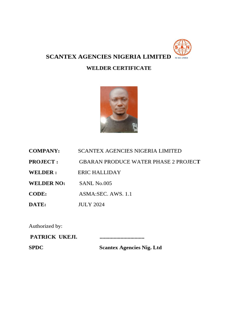Scantex Agencies Nigeria Limited: Welder Certificate | PDF