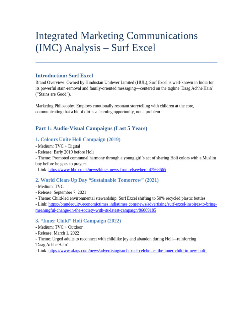 Surf Excel IMC Campaign Analysis | PDF | Brand | Mass Media