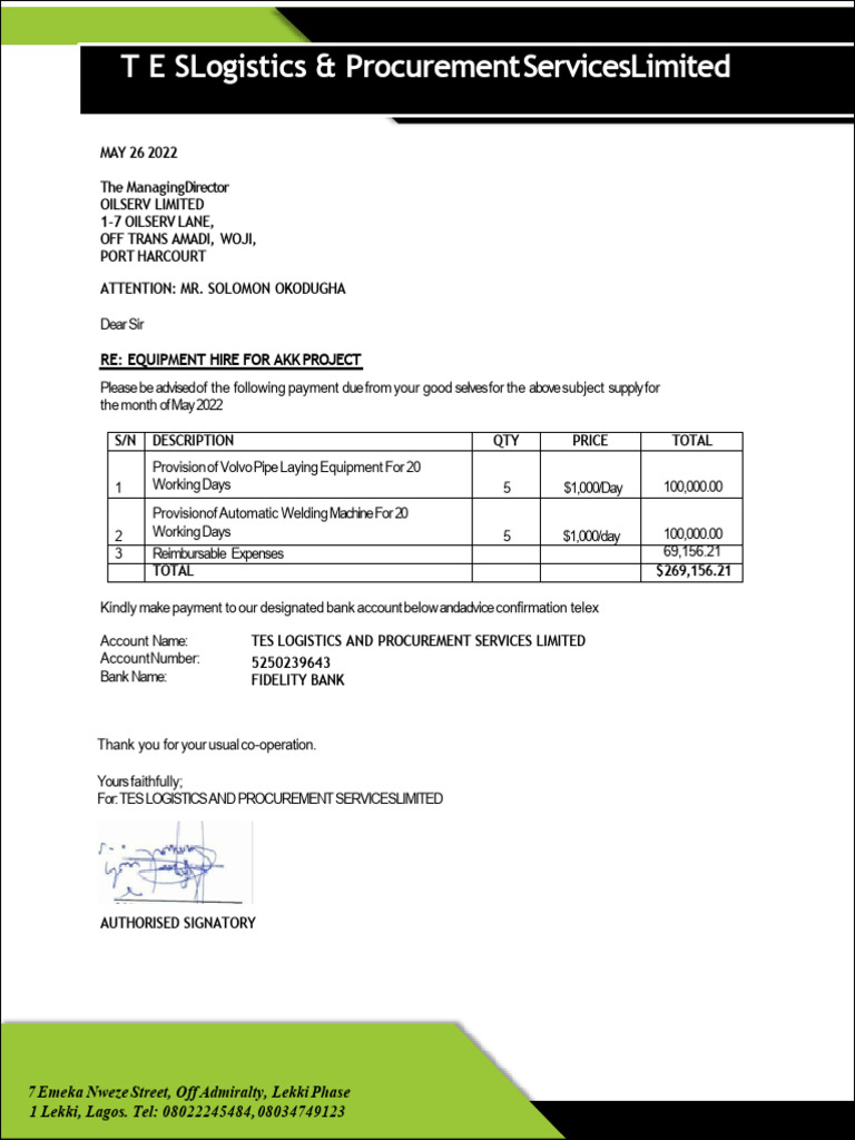 Tes Logistics Oilserv Invoice $269k May 2022 | PDF