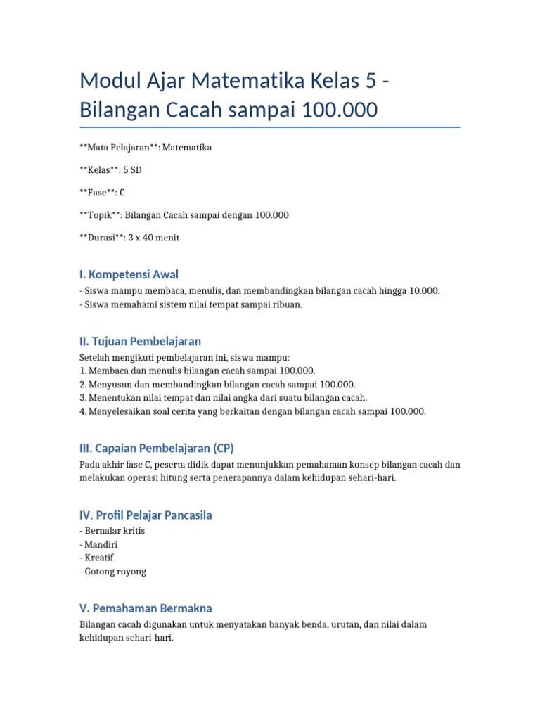 Modul Ajar Bilangan Cacah Kelas 5 | PDF