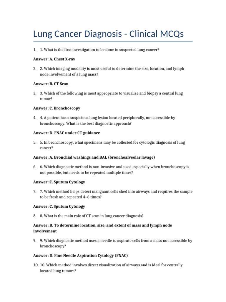 Lung Cancer Diagnosis MCQs | PDF