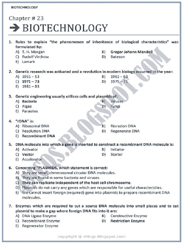I Biotechnology Mcqs | PDF