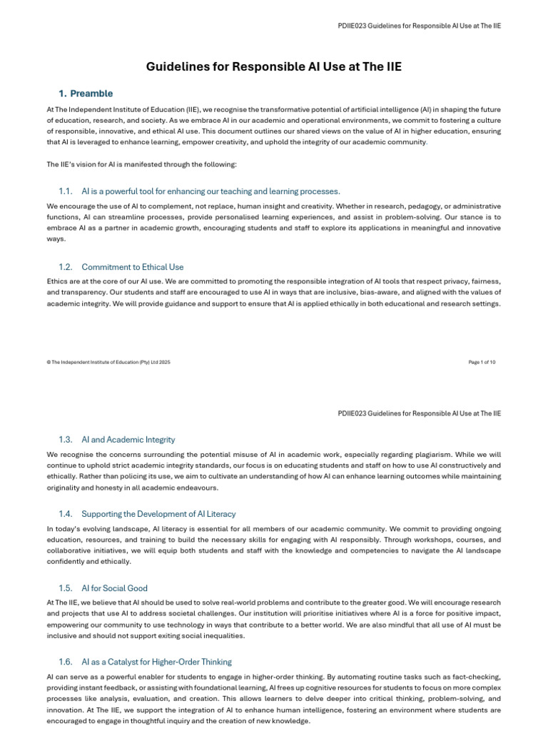 Guidelines For Responsible AI Use at The IIE | PDF | Artificial ...