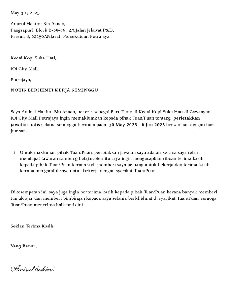 Amirul Hakimi: Notis Berhenti Kerja Seminggu | PDF