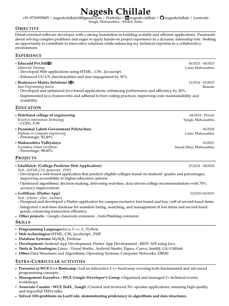 Software Developer Resume - Nagesh Chillale | PDF | Databases | Java ...