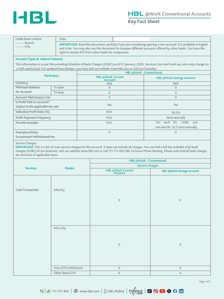 HBL @Work Account Key Facts 2025 | PDF | Banks | Master Card