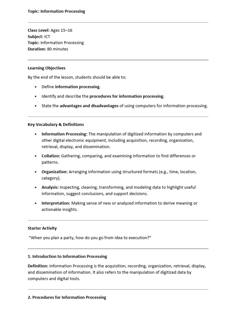 YEAR 11 ICT WEEK 5 Information Processing | PDF | Information | Data