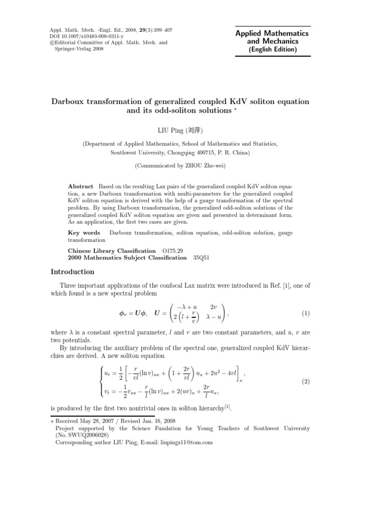 Darboux Transformation of Generalized Coupled KDV Soliton Equation ...