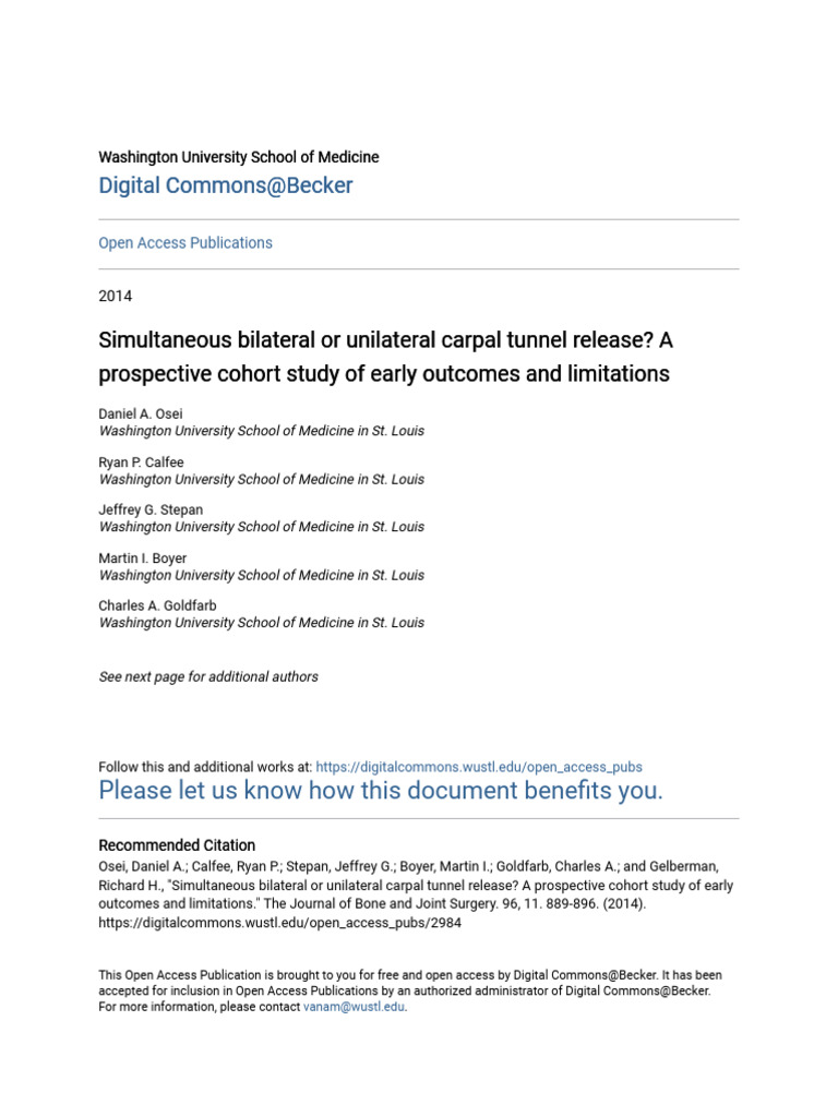 Simultaneous Bilateral or Unilateral Carpal Tunnel Release - A Pro ...