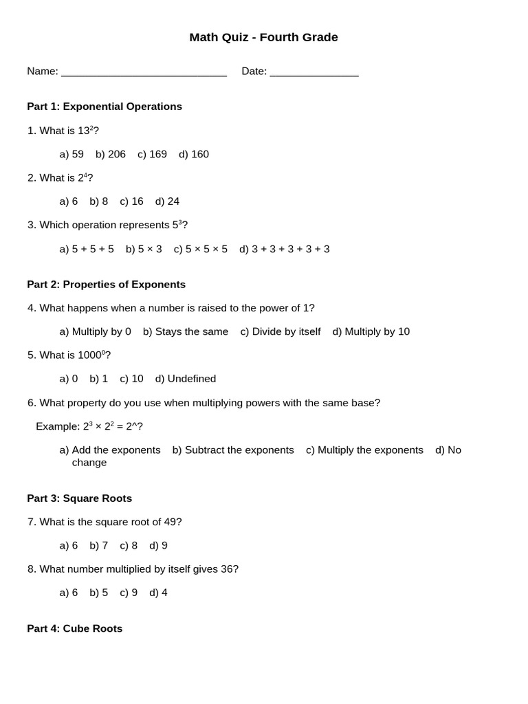 Fourth Grade Math Quiz on Exponents | PDF
