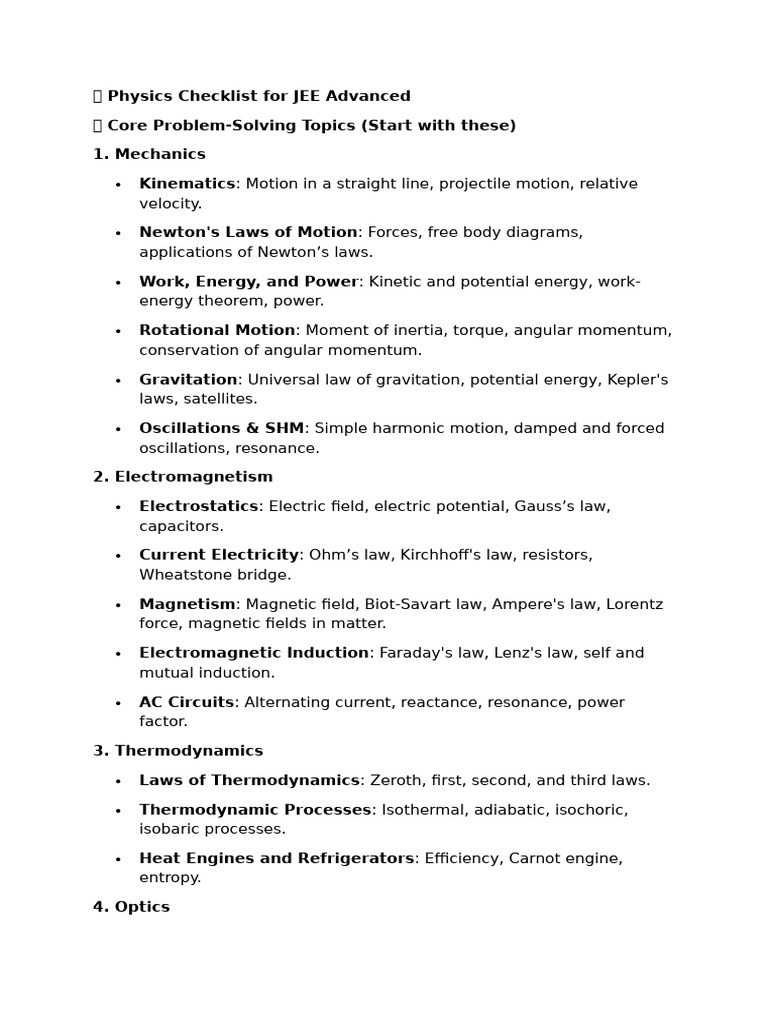 JEE Advanced Physics & Math Checklist | PDF | Equations | Complex Number
