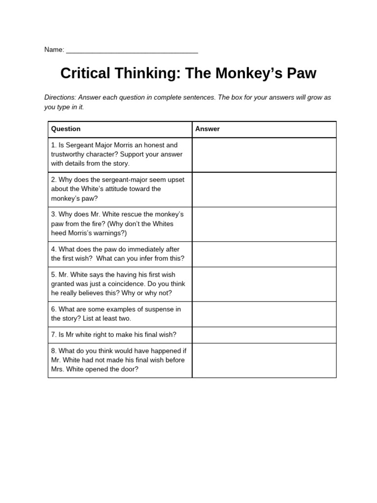 Critical Thinking Questions on The Monkey's Paw | PDF