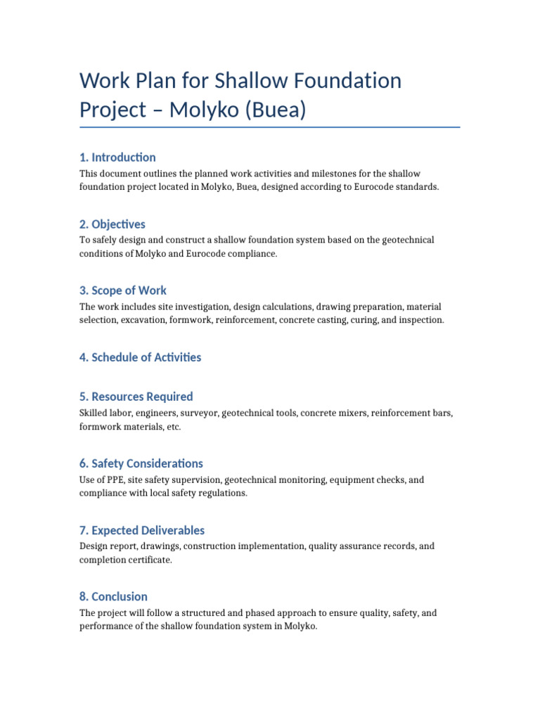 Shallow Foundation Work Plan Molyko | PDF