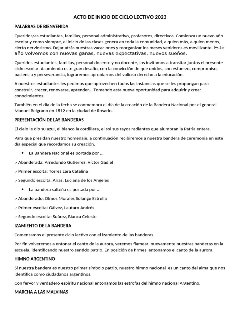 Inicio Ciclo Lectivo 2023: Acto y Bienvenida | PDF