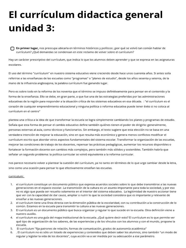 El Curriculum Didactica General Unidad 3 | PDF | Plan de estudios ...