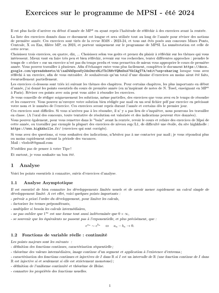 Exercices MPSI Été 2024 | PDF | Matrice (Mathématiques) | Déterminant