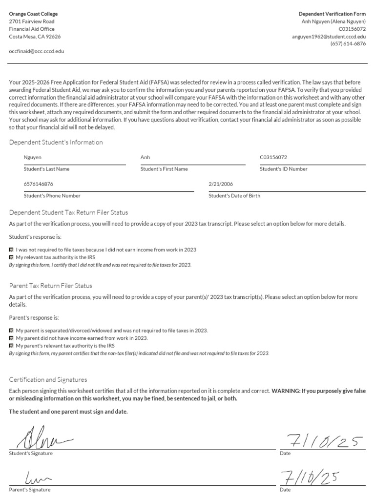 2025-2026 Dependent Verification Form | PDF