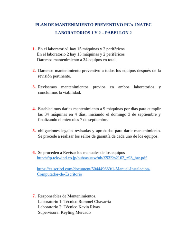 Plan de Mantenimiento Preventivo Grupo 1 | PDF