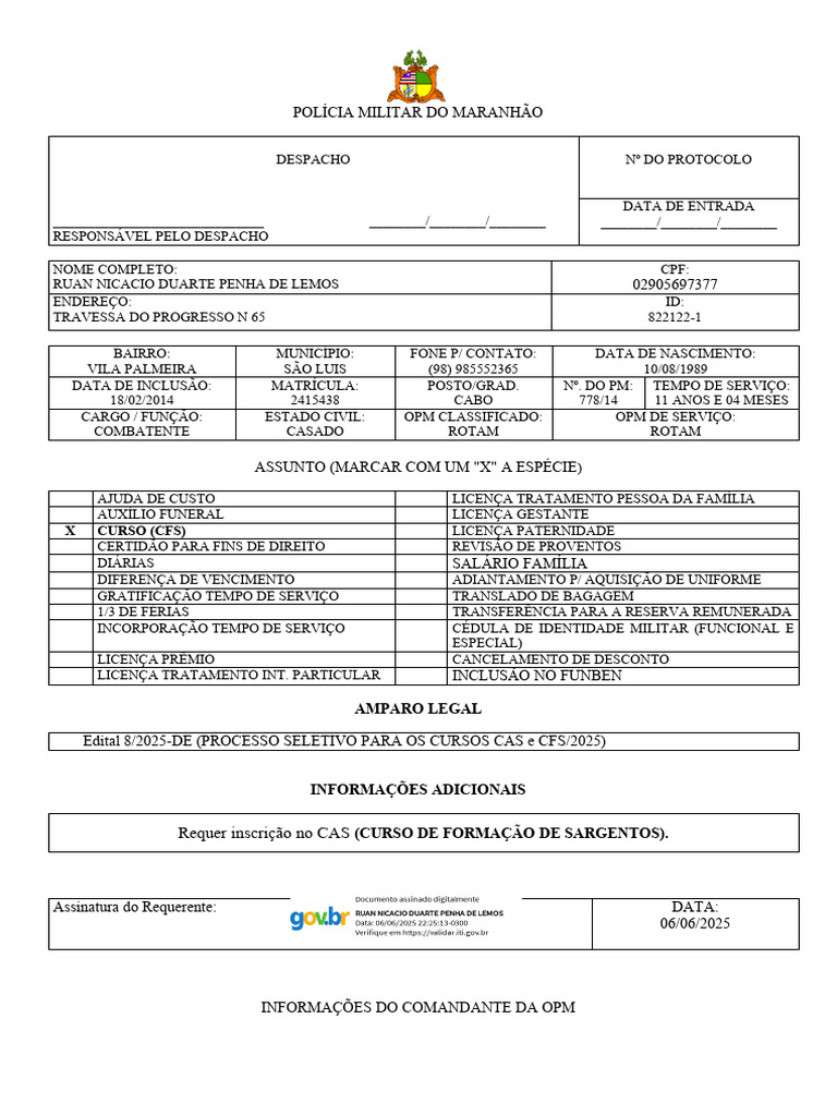 Requerimento Cfs 2 Ruan Nicacio Assinado Assinado-1 2 | PDF | Polícia ...