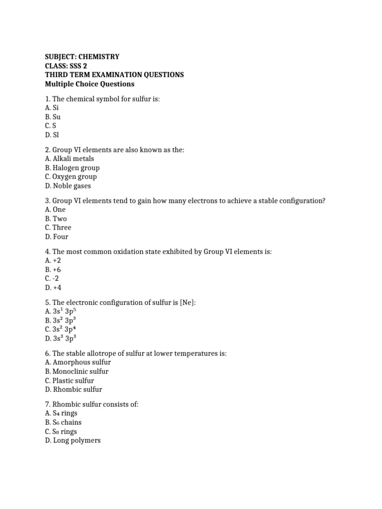 SSS 2 Chemistry Exam Questions | PDF | Redox | Sulfur