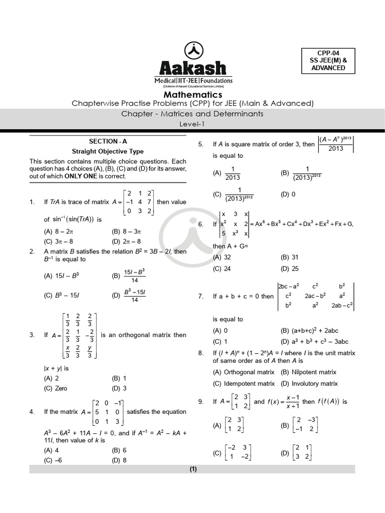JEE Practice Problems on Matrices | PDF | Determinant | Matrix ...