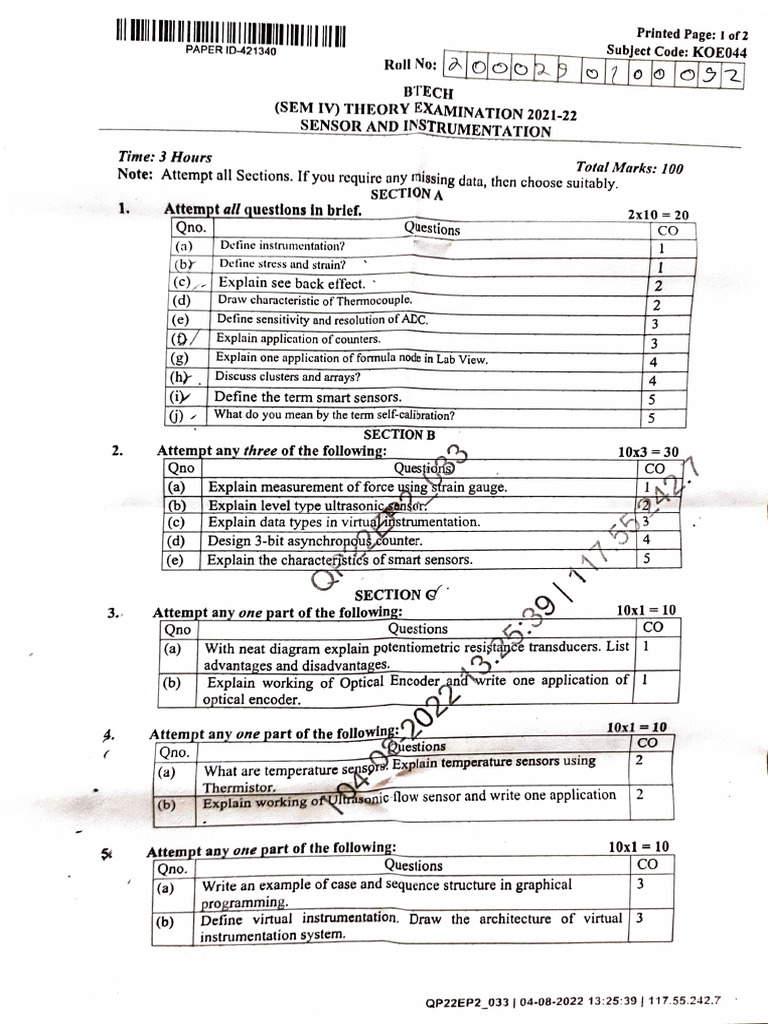 BTech Sensor and Instrumentation Exam Guide | PDF | Sensor | Electrical ...