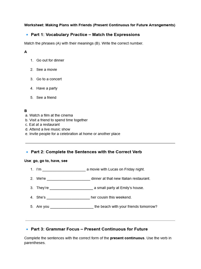 Worksheet - Making Plans With Friends (Present Continuous For Future ...