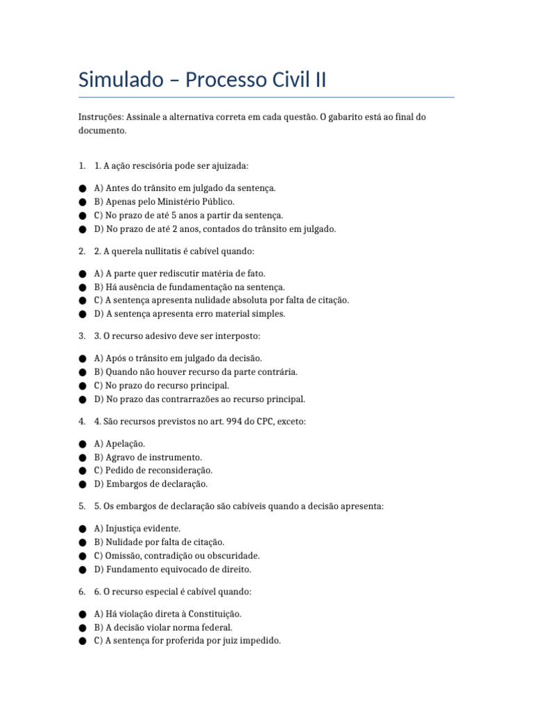 Simulado de Processo Civil II: Questões e Gabarito | PDF