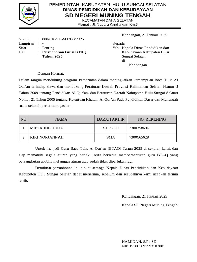 Permohonan Guru BTAQ 2025 SD Muning Tengah | PDF