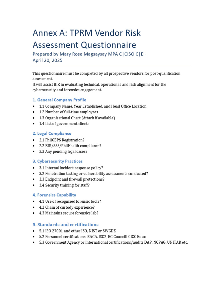 TPRM Vendor Risk Assessment Questionnaire | PDF