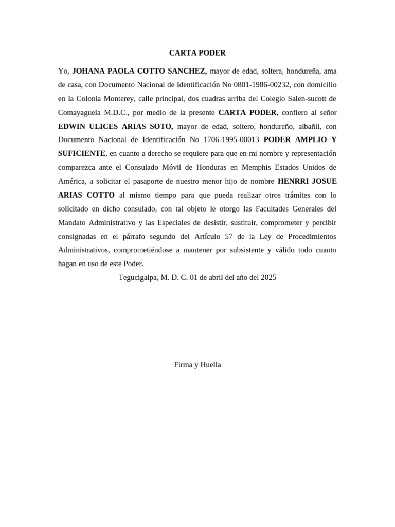 Carta Poder para Trámites Consulares | PDF