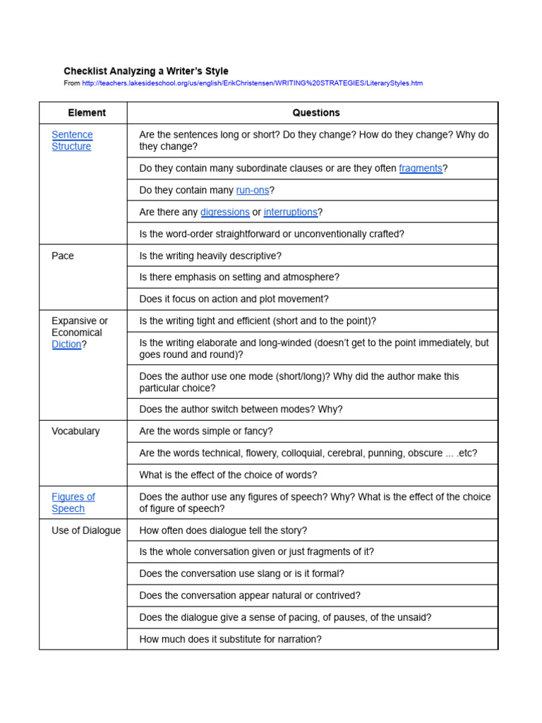Writer's Style Analysis Checklist | PDF | Narration | Human Communication