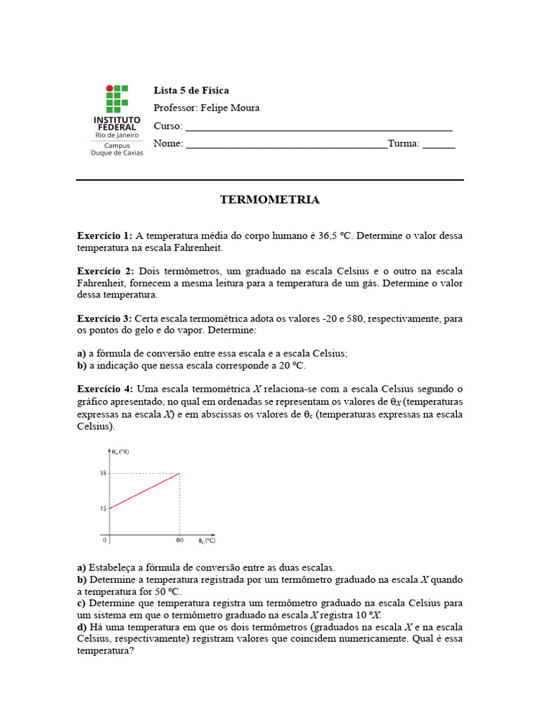 Exercícios de Termometria em Física | PDF | Temperatura | Celsius
