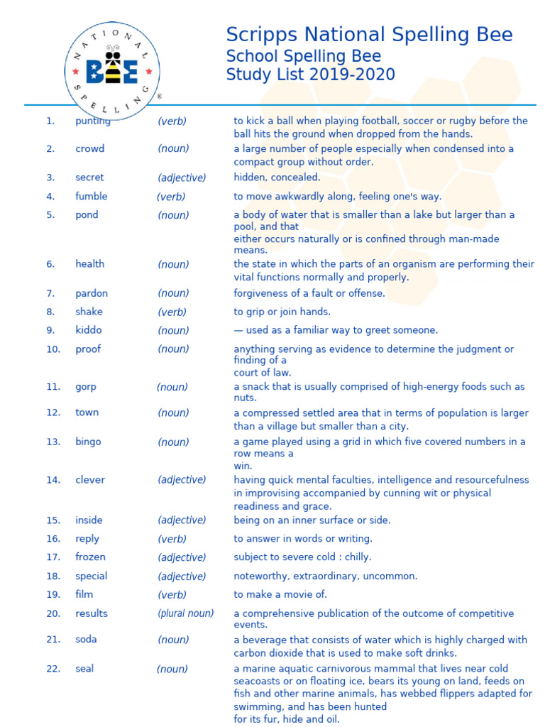 2019-2020 Spelling Bee Study List | PDF | Adjective | Noun