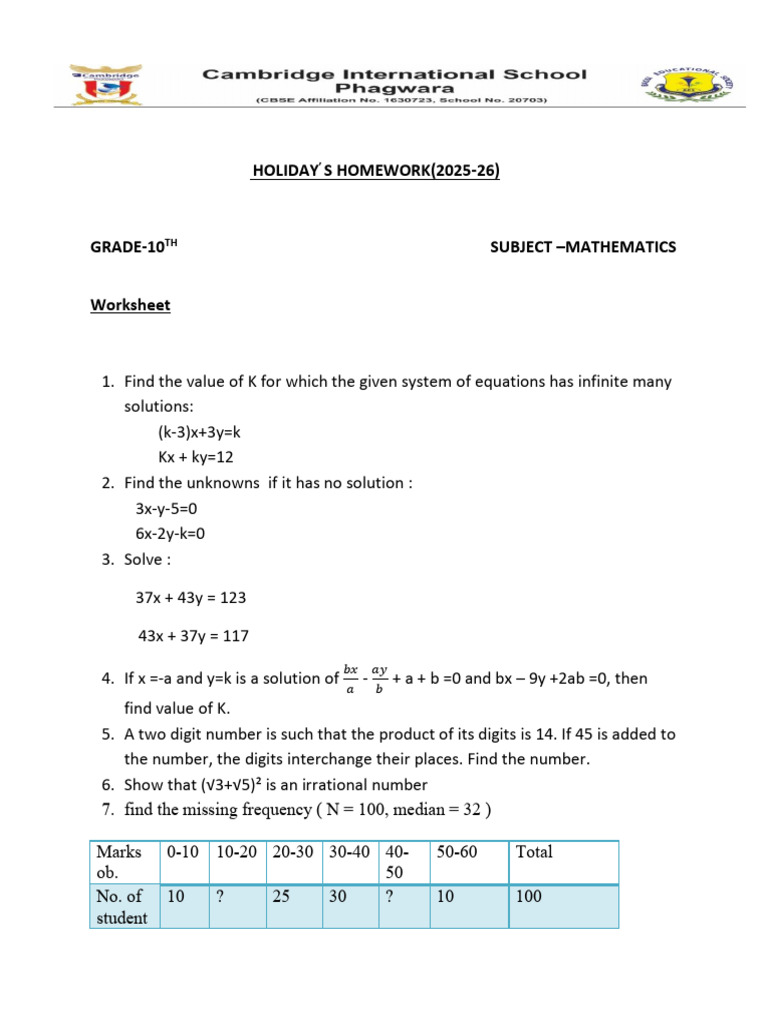 HOLIDAY HW 10 Maths Worksheet | PDF