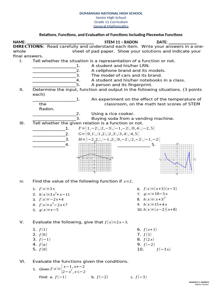 Long Test Relations, Functions and Piecewise Functions | PDF | Function ...