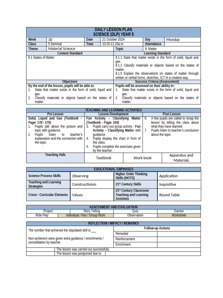 Year 5 Science Lesson Plan: Matter | PDF | Educational Technology ...