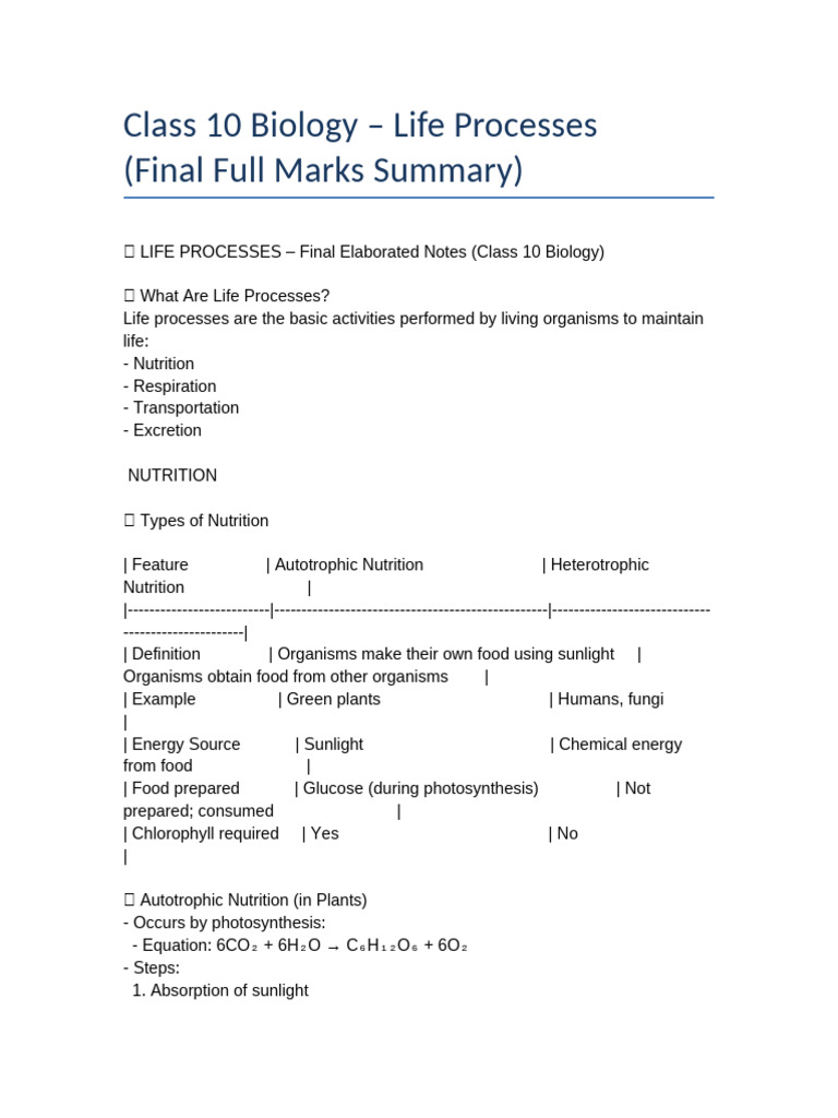 Life Processes Final Summary | PDF | Digestion | Nutrition