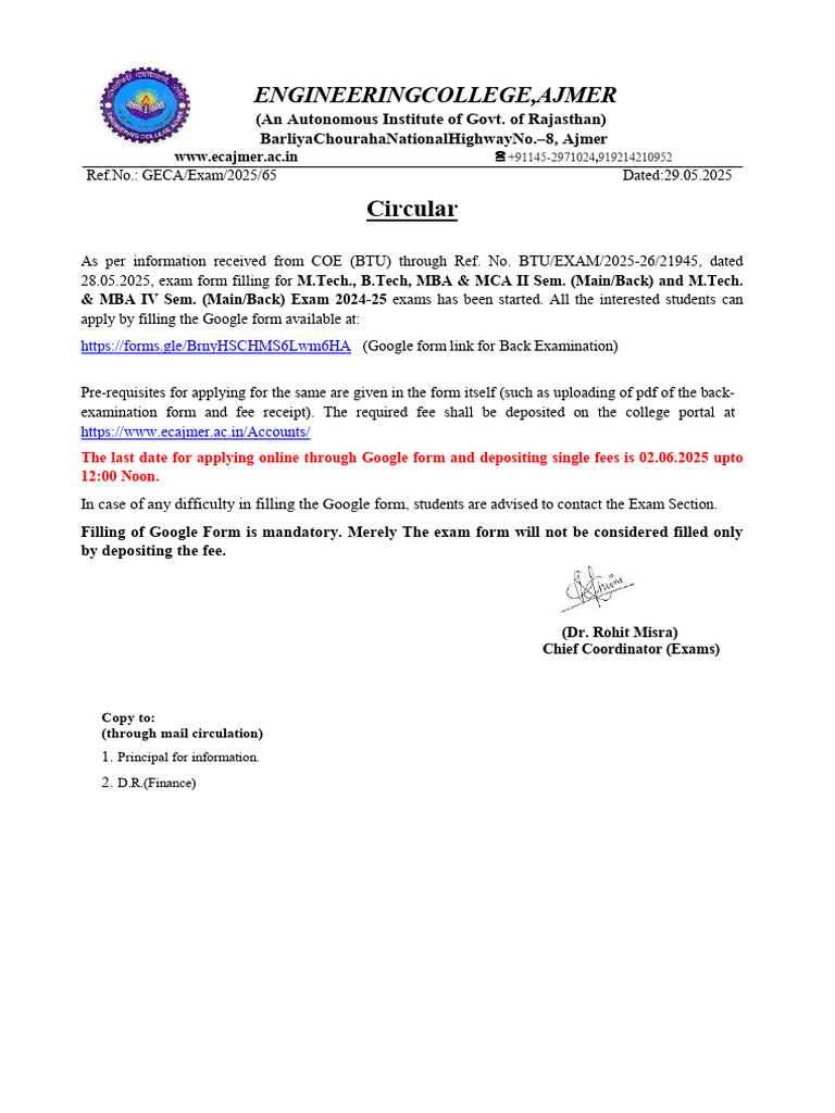Circular: Engineeringcollege, Ajmer | PDF