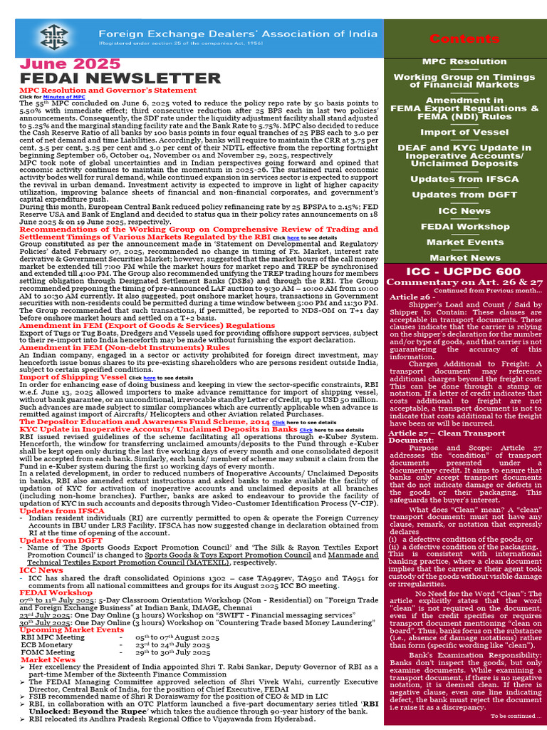 FEDAI Newsletter: June 2025 Updates | PDF | Reserve Bank Of India | Banks