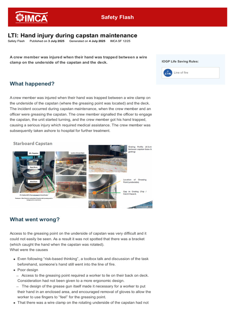 Capstan Maintenance Hand Injury Report | PDF | Occupational Safety And ...