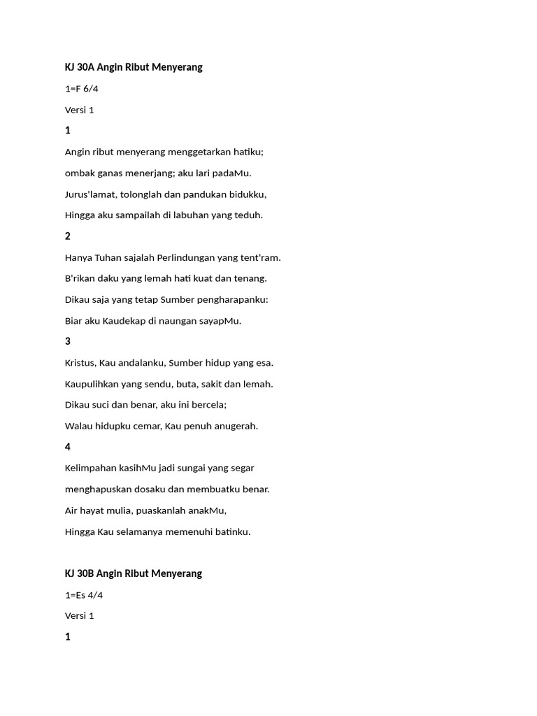 KJ 30A: Lirik Angin Ribut Menyerang | PDF