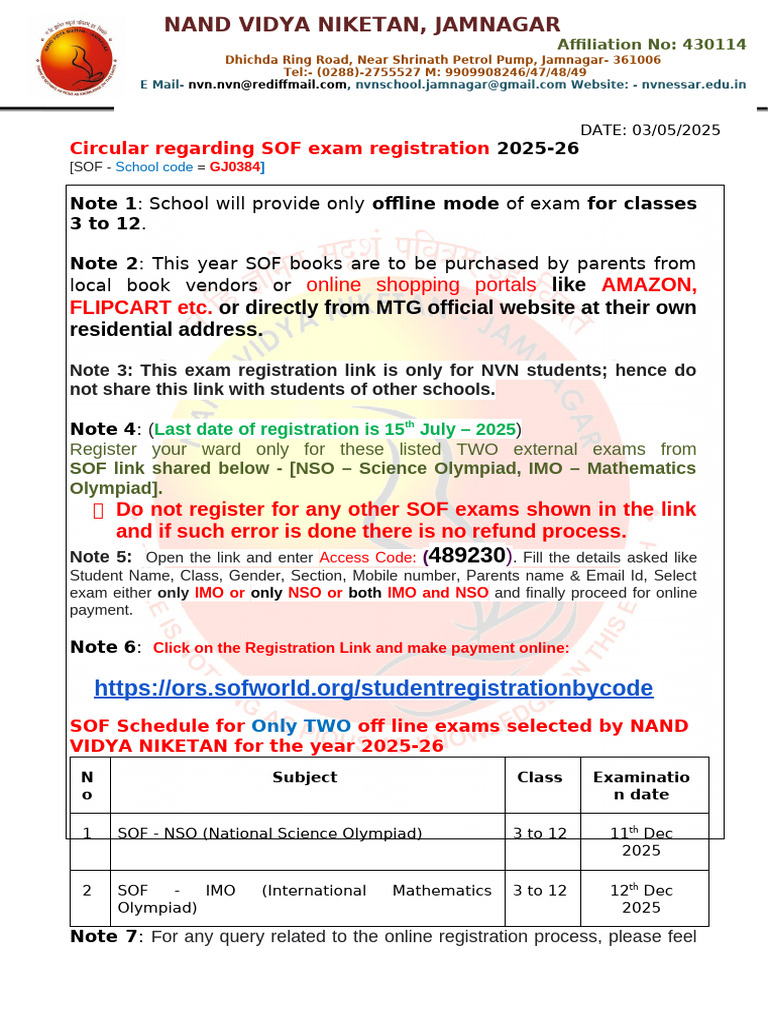 SOF Exam Registration Guide 2025-26 | PDF