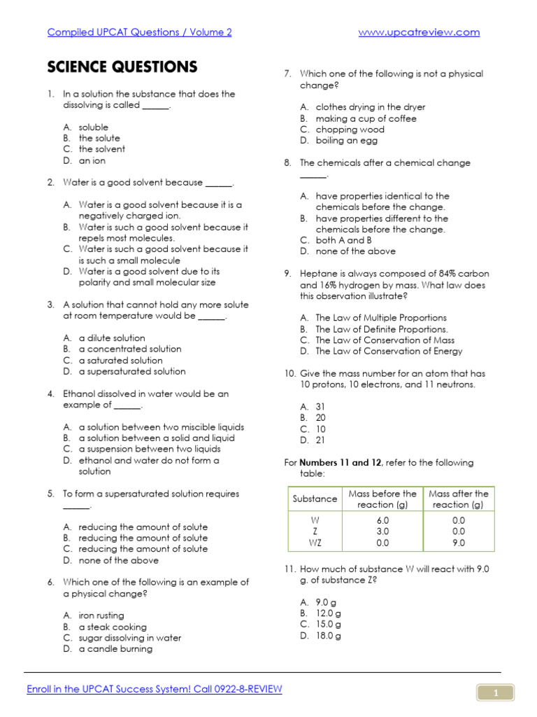 UPCAT Science Questions Volume 2 | PDF | Cell (Biology) | Force