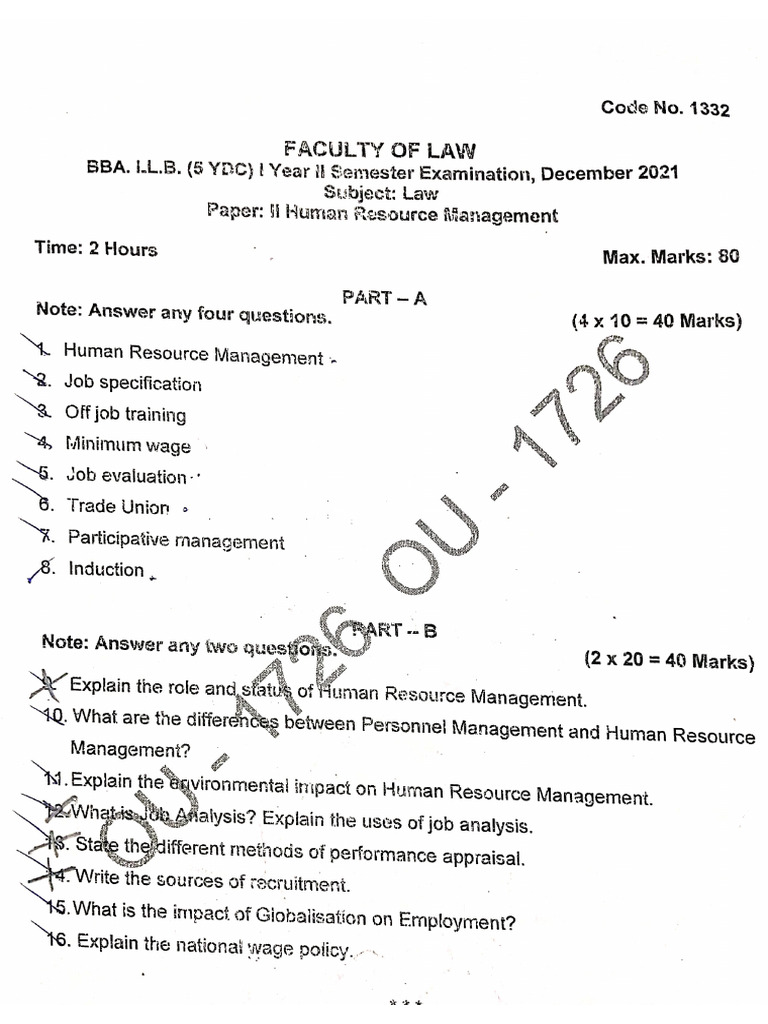 HRM Perivious Year Question Paper | PDF