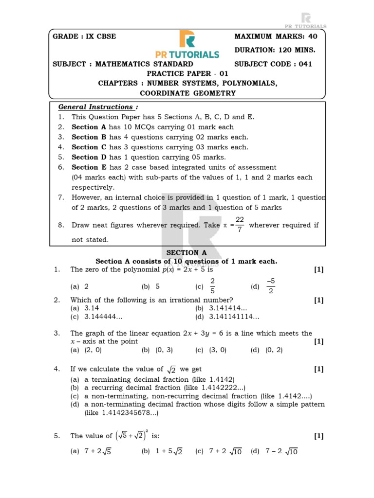 IX Mathematics Practice Paper 01 | PDF | Mathematics | Algebra