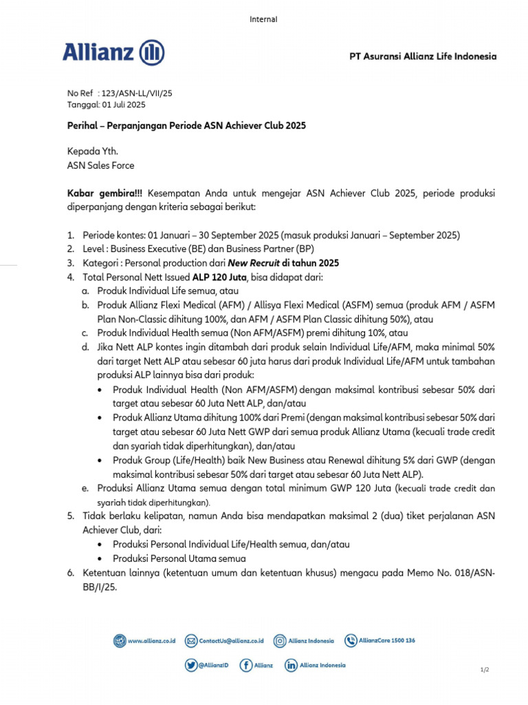 LL123 Memo Perpanjangan Periode ASN Achiever Club 2025 | PDF