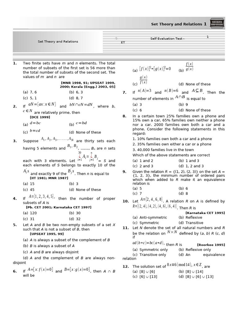 Self Evaluation Test-Sets and Relations | PDF | Mathematical Concepts ...