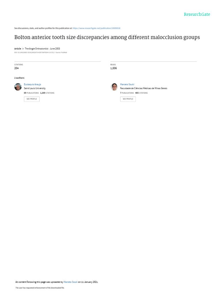 Bolton Tooth Size Discrepancies in Malocclusions | PDF | Orthodontics ...